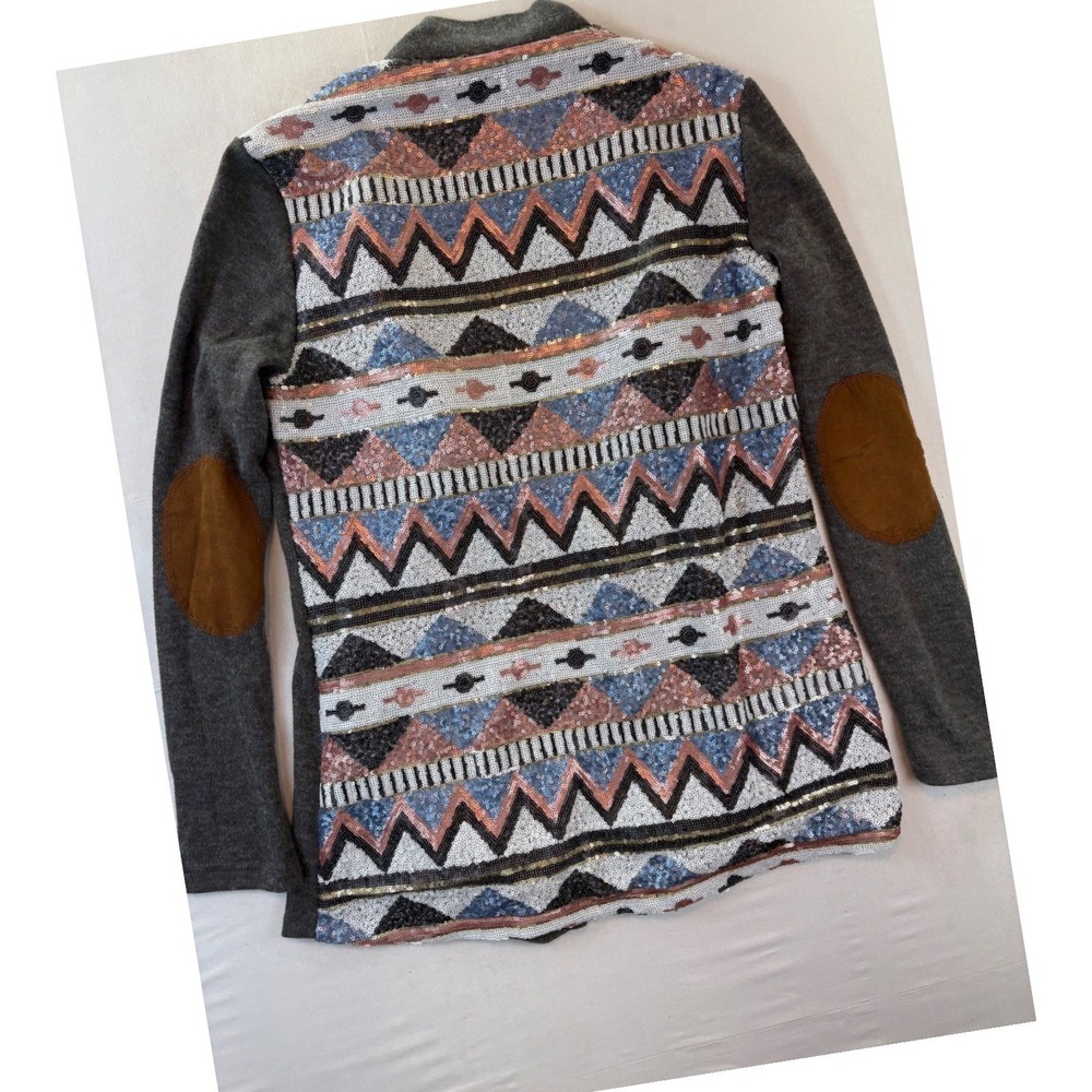 E2 Clothing Gray Sequin Geometric Back Cardigan Elbow Patches EJ4010 Medium